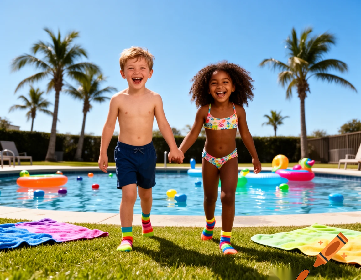 A wholesome scene suitable for children. A ten year old couple having fun on their first date. He is white and she is black. They are holding hands. They are wearing only socks. They are about to swim in the pool behind them.