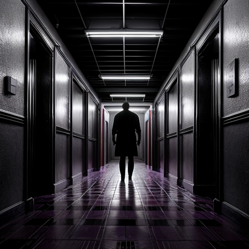 A hyper-realistic liminal space horror scene. A towering, multi-legged shadow entity with a giant, toothy vertical mouth stands in a claustrophobic corridor. The walls are lined with glowing purple fluorescent lights reflecting off a wet, slimy checkered floor. Body horror, analog horror aesthetic, high detail, scary, dark photography.