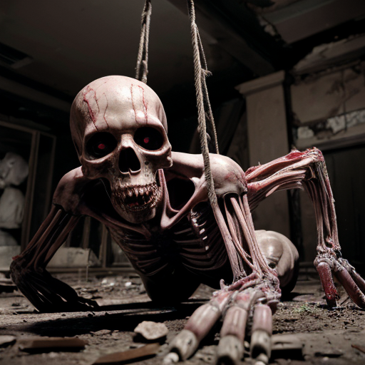 A photorealistic a moonlit cemetery torn apart by carnage, the ground slick with coagulating blood and chunks of unrecognizable viscera. At the center, a towering, skinless beast crouches over a mangled corpse, its exposed musculature glistening under the pale light, strands of sinew and torn ligaments dangling from its frame like macabre streamers. Its jagged, yellowed teeth gnash together as it lifts a severed arm to its lipless maw, blackened claws sinking into rotting flesh. Behind it, unearthed graves yawn open, their former occupants strewn in grotesque heaps—ribcages split wide, spinal cords unspooled like frayed rope. The air seems thick with the metallic stench of gore, and every twisted detail, from the beast's milky, pupil-less eyes to the way its tendons flex with each monstrous movement, is rendered in chilling photorealism.