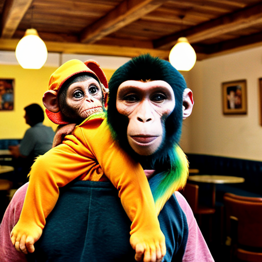 monkey carrying monkey baby with parrot on his shoulder in a cafe called 67 cafe