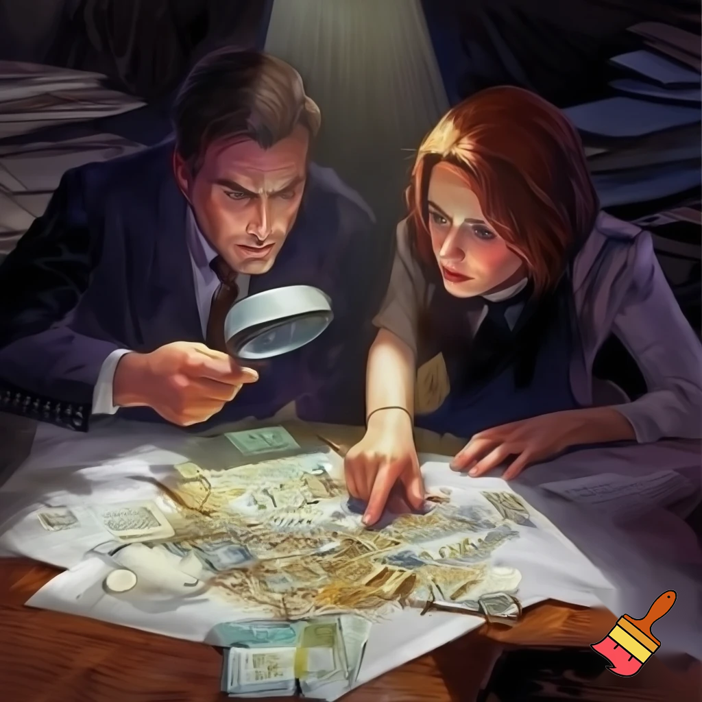 Mann und Frau mit einer Lupe, die komplexes Diagramm analysieren, wobei einige versteckte, glänzende Euro-Scheine unter Dokumenten zum Vorschein kommen. Der Stil ist Symbolik.