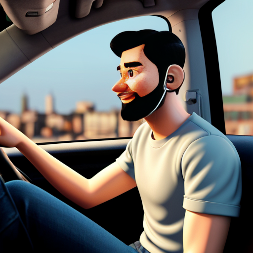 Pixar-style 3D cartoon, young Muslim man, 20 years old, beard, black jeans, white shirt, sitting in a car, holding phone to his ear, answering a call, relaxed pose, cartoon face with big expressive eyes, city visible through car windows in the background, bright friendly colors, cinematic lighting, simple cartoon style