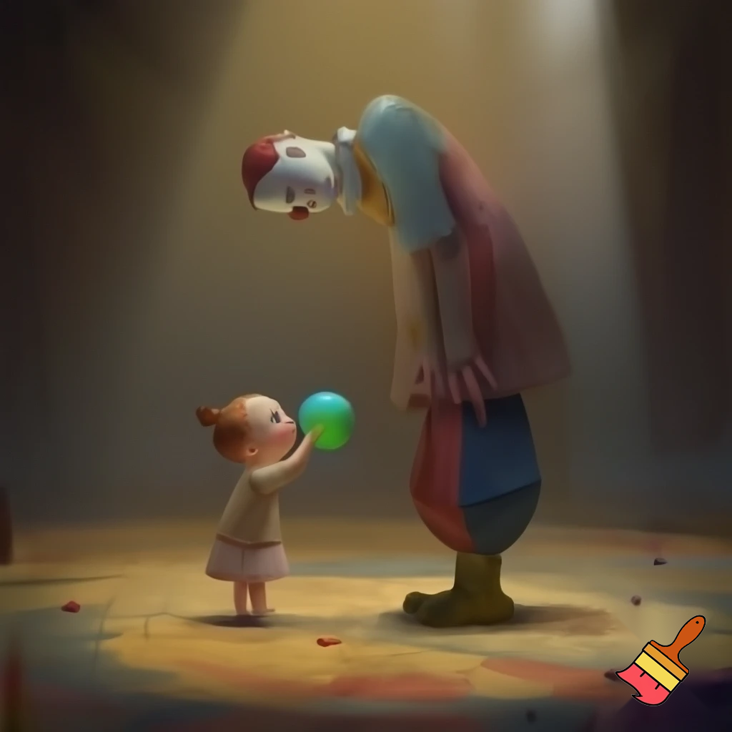  A child gives a sad circus clown a ball.