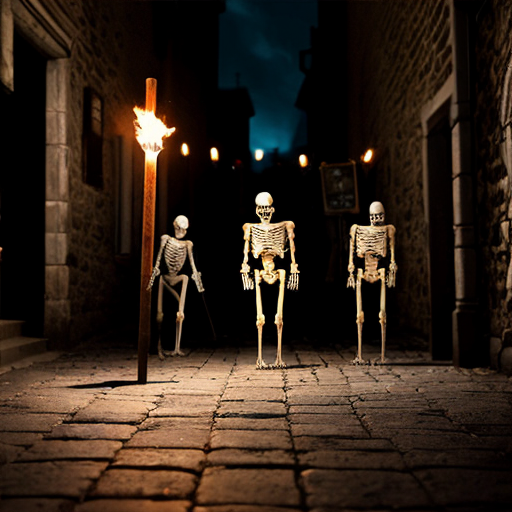 Scene 7 – Accused of Witchcraft
Image Prompt
Hyper realistic transparent skeleton surrounded by armored medieval guards pointing spears toward it, skeleton holding a glowing smartphone defensively, dark medieval street environment with torches casting dramatic shadows on cobblestone ground, cinematic lighting emphasizing the reflective bones.