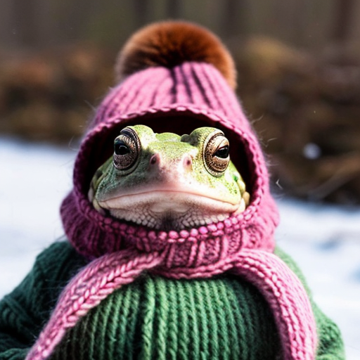 A laughable, puzzled animal toad in woolen, multicoloured winter clothings with woolen winter cap. Hyperrealistic art style.