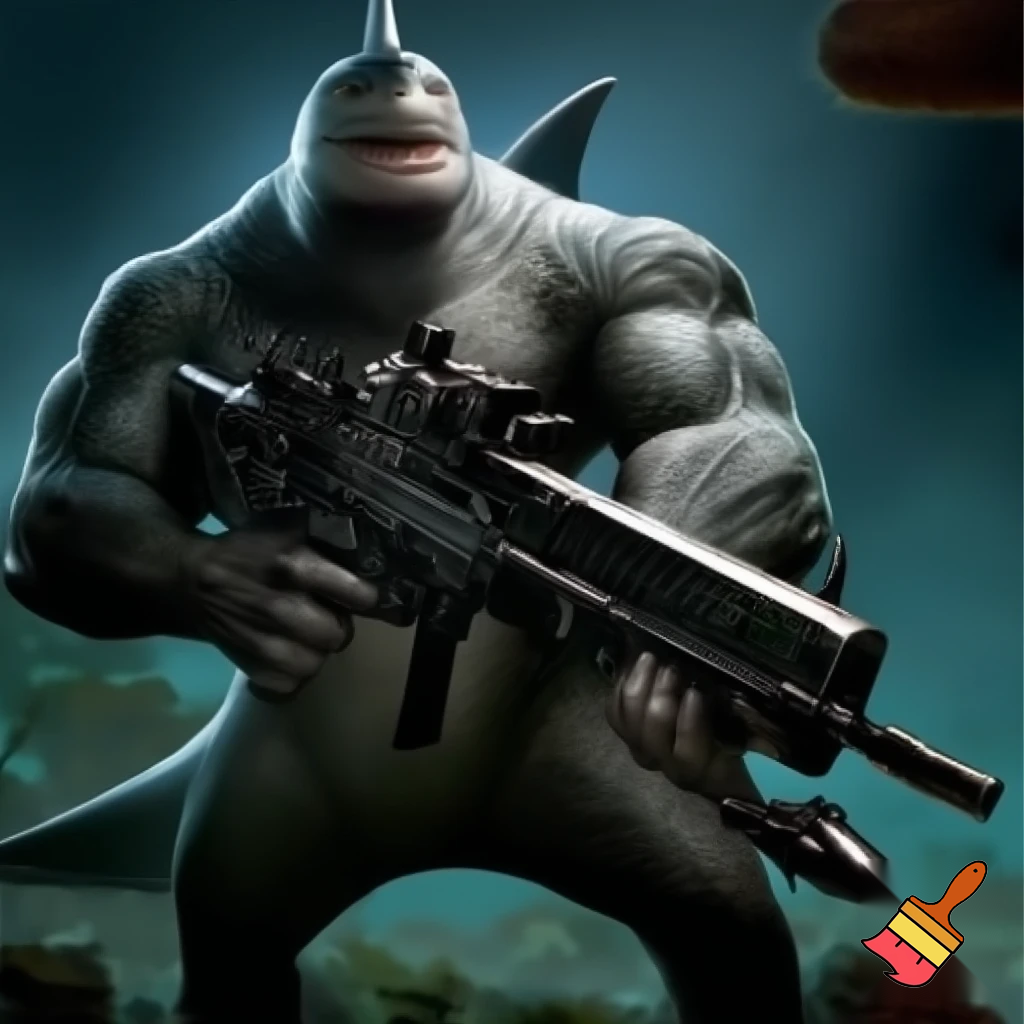 King shark prince nanaue using a assault rifle 