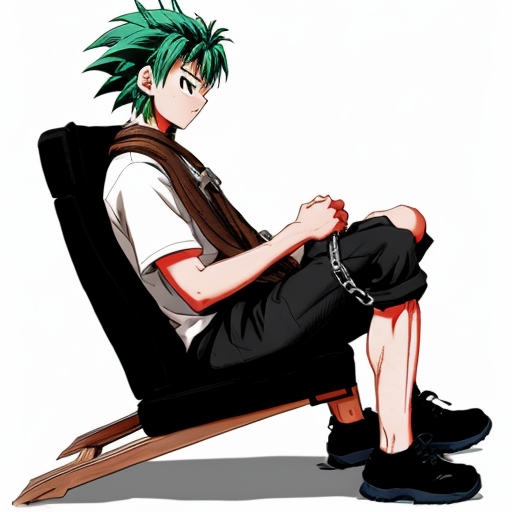 gon from hunter hunter  is restrained in a special childseat, where his body is restraint and a wooden Platform is around his neck, so that the head cant be moved and he is getting fed 