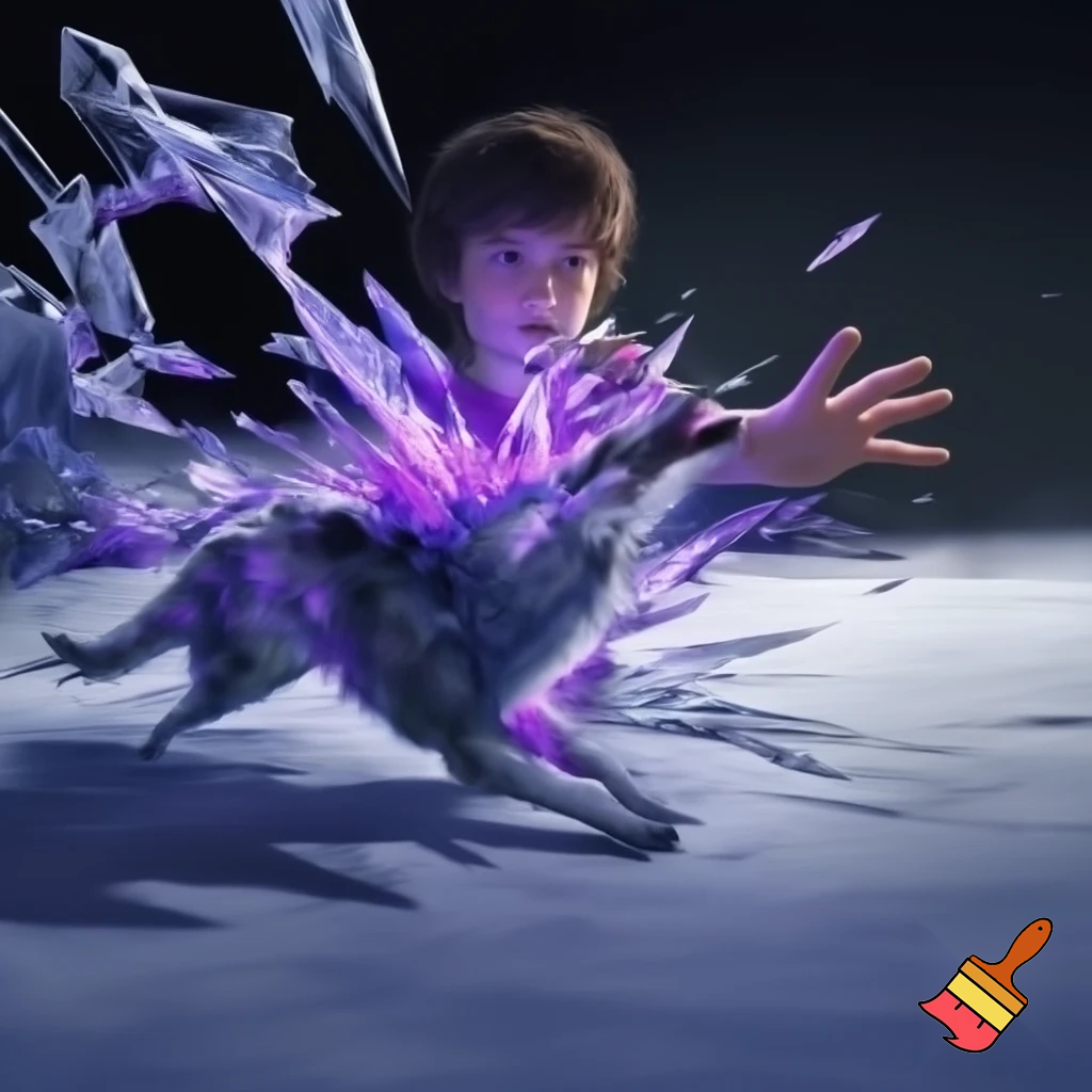 boy with his hand out to the right, purple tinted ice erupting from his hand and enveloping a wolf, realistic