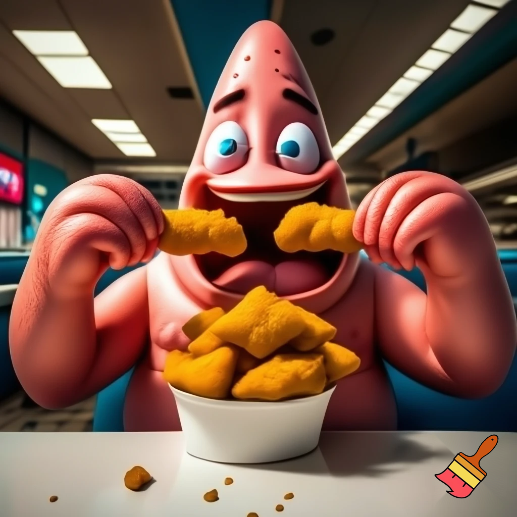 Patrick star eating chicken nuggets shaped as stars
