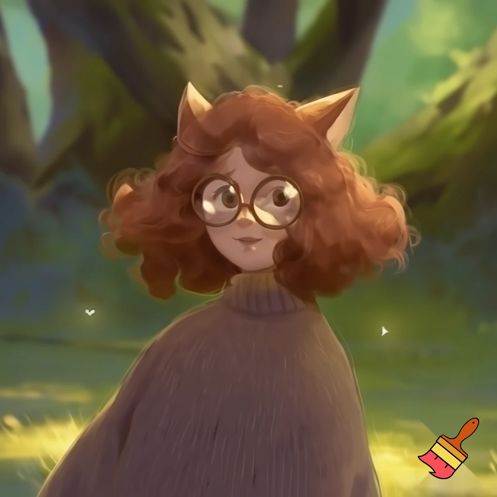 CUTE cat woman with curly hair and glasses in a ghibli style