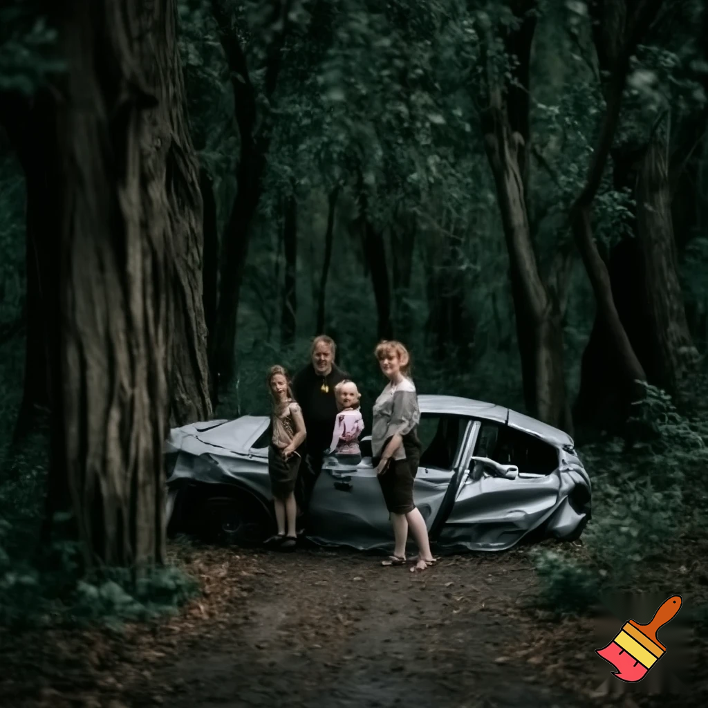 Draw me a photo of lost family in a wild forest with a crashed car near them