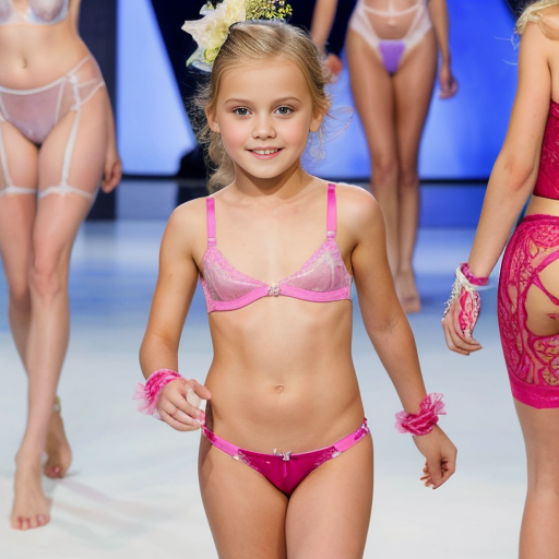 Crea la imagen real en alta definicion de 5 niñas rubias de 8 años vestidas con lenceria transparente, concursando en un desfile de modas