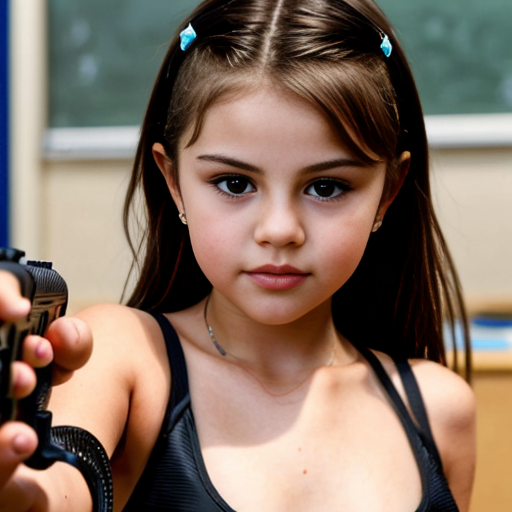 A 1999 Photo of  8 Year Old Selena Gomez Wearing Black One Piece Swimsuit Pulling A Gun At A Student In The Classroom