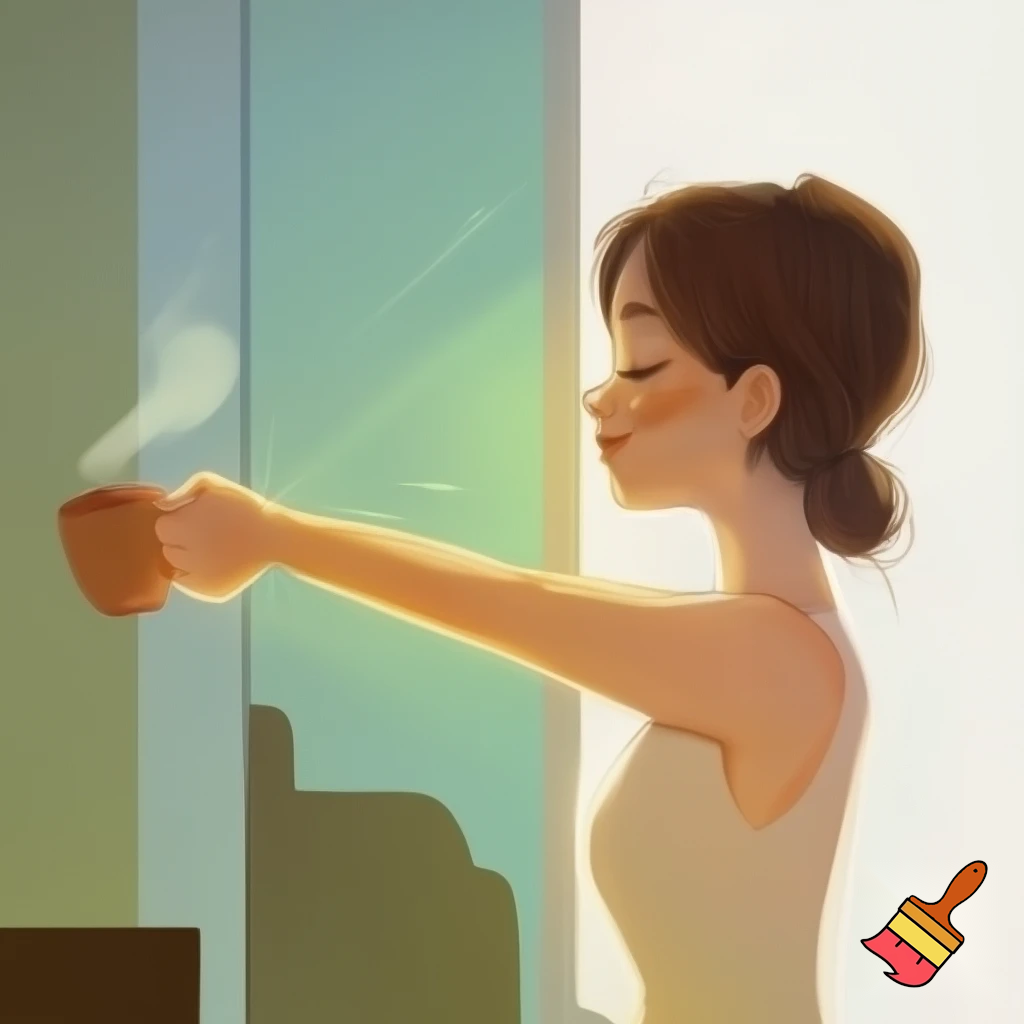 IMAGE DESCRIPTION: High-quality, bright image of a serene woman, perhaps smiling, gently stretching in the morning or drinking a relaxing herbal tea in a bright, tidy environment. The background could have soft, natural colors (green, light blue, beige). The atmosphere is one of calm and well-being.