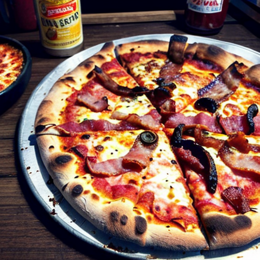 a tasty pizza with bacon on top and fresh cooked peaces of stake on it and tasty peperonis on it and macroni too
