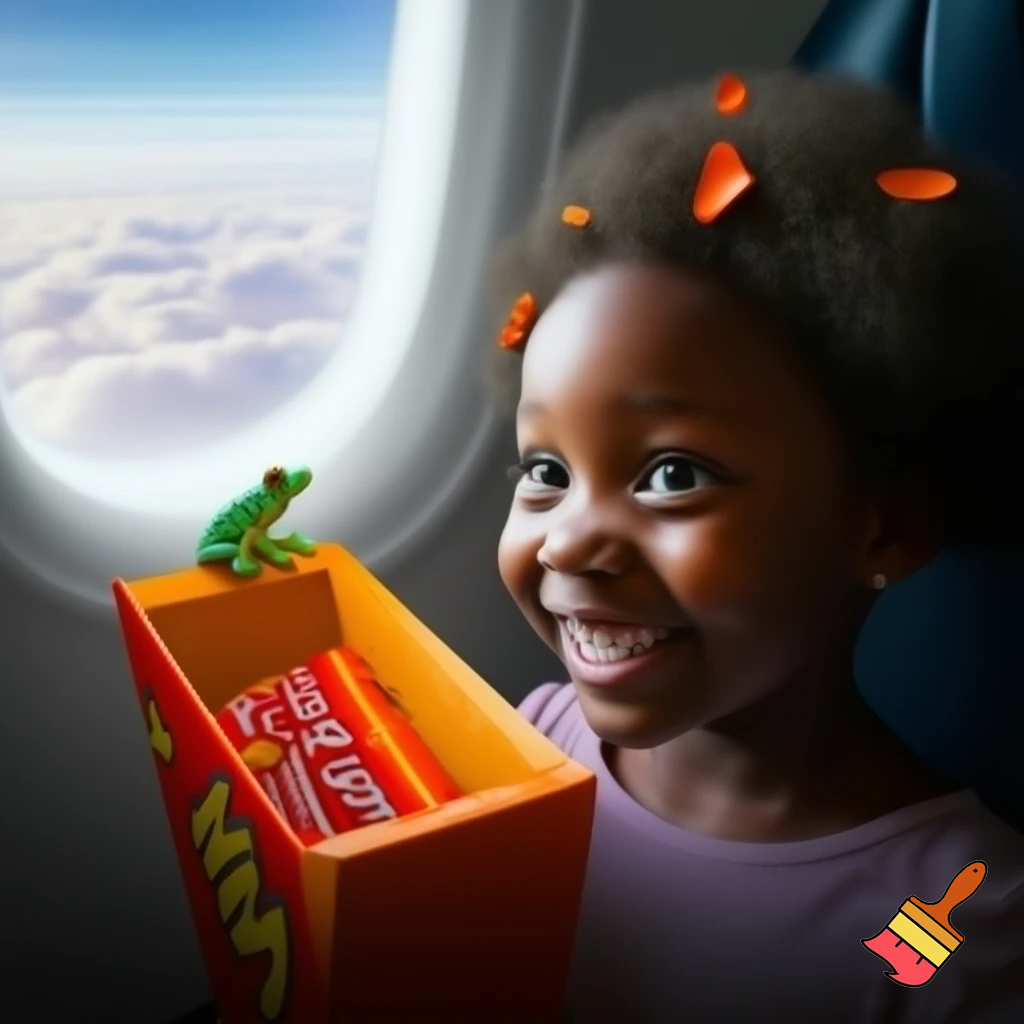 a inpoyle in  a plane is happy of a on her head she put hot cheetos on her head  when the girl done with her flit  the frog hit her head the frog go away