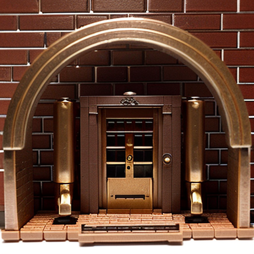  Make a cabin that can be described like this On the outside, the cabin is made of bricks and has a row of smokestacks on the top, making it look like a miniature factory. The door is bronze, thick, and circular, like a vault door, and opens with lots of steam and gears clunking.