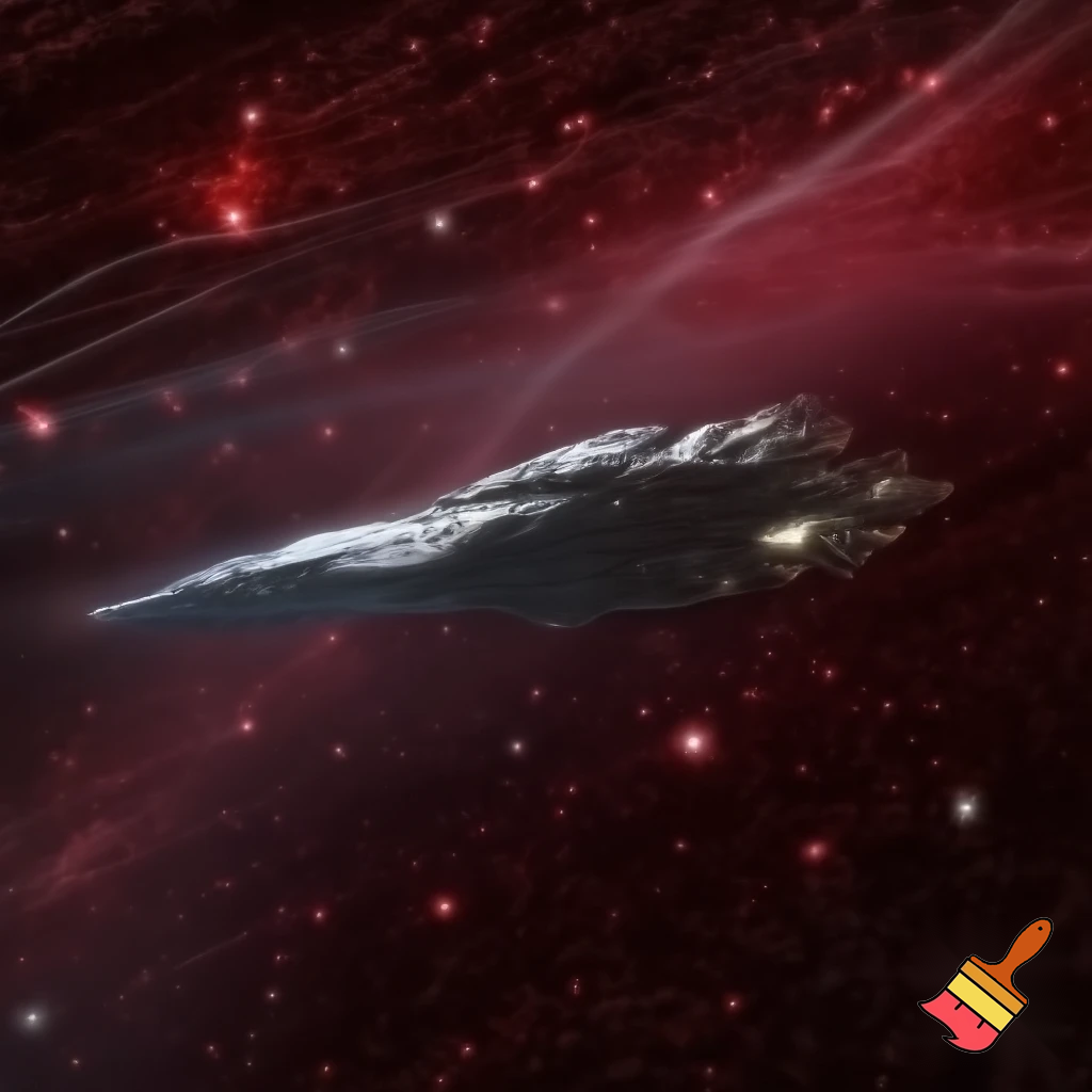 spaceship, seen from afar, crossing space full of red and white stars