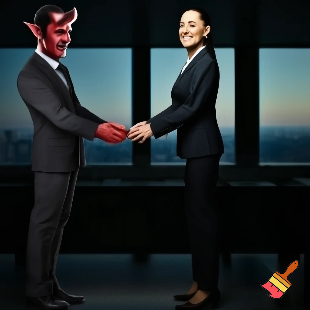claudia sheinbaum holding hands with the devil and smiling, full body, making deals