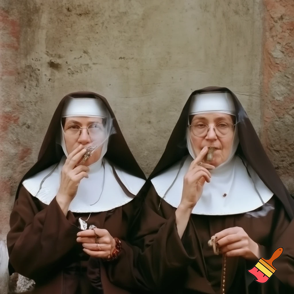 A picture on 2 nuns smoking cigars called the 'Stogie Sisters'.