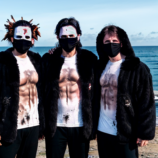 3 witch doctors with long furry black jackets and white face mask with hallow black  eyes and two men dressed with a ripped t-shirt and panse with messy hair next to the sea 