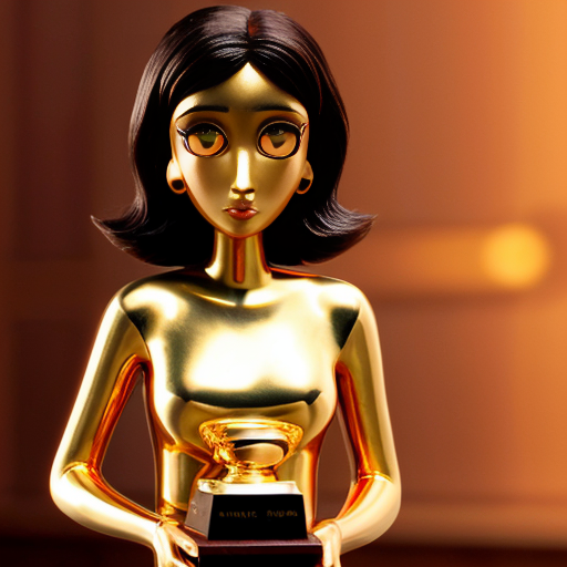 the emotion proud one person gold holding trophy Pixar cartoon style gold skin big eyes 