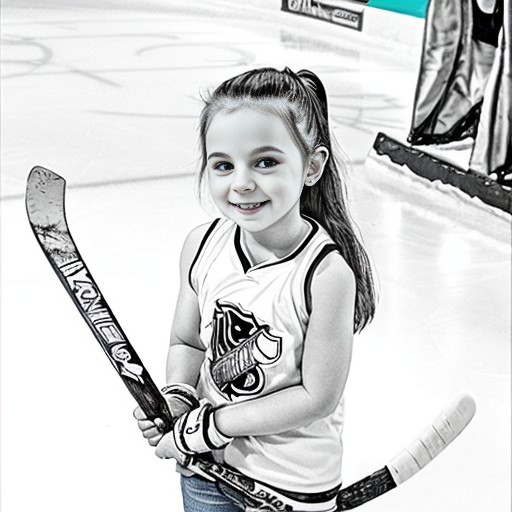 coloring page of a female kid with shoulder length hair, wearing hockey gear, holding a straight stick no bottom blade, just a straight stick that ends at the ice, through a rubber ring, cute, ice rink background, clean line, no fillers
