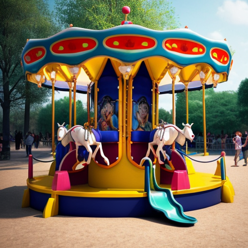 A photorealistic, portrait-oriented image of a vibrant children's amusement park ride, such as a merry-go-round. The scene should be dominated by #FF7F50 orange and blue color scheme. Focus on a close-up or medium shot composition, do not have people in it