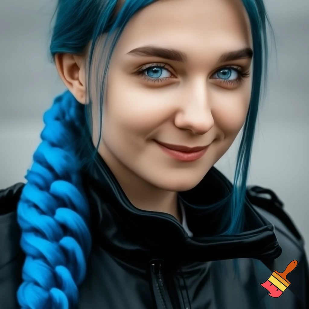 girl with blue braid and has a black jacket with blue eyes
with smile