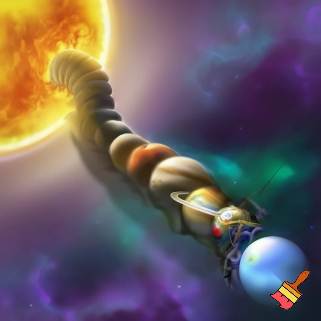 Make a solar system but make it look like a caterpillar walking in space, the sun is the head, and the planets are the body
