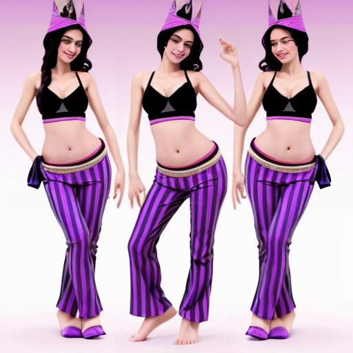 90's disney's 2d aladdin style comic dark blue background and panels of panel 1 the evil queen with purple and black striped harem pants and bra and purple curved slippers with both hand palms place together and hiding the bottom of her mouth with a purple and black striped veil wrapped around her arms and shoulders. 
panel 2 she danced with purple and black striped harem pants barefoot with purple and black striped bra and purple curved slippers and purple and black striped veil wrapped around her arms and shoulders and raising legs and bounced up and down her belly and shook her hips left and right. 
panel 3 as the evil queen  with purple and black striped harem pants and bra and purple curved slippers with purple and black striped veil wrapped around her arms and shoulders then spreading her arms, happily revealing her face to the viewer and giving a smile as she  shook her belly left and right. 
Panel 4 the evil queen  with purple and black striped harem pants and bra and veil wrapped around her shoulders and arms with purple curved slippers started to fading away , except her belly, which is bouncing around. 
Panel 5 then the ball transforms into the fading in belly of shego with rainbow striped harem pants and bra and rainbow veil wrapped around her arms and shoulders and red and pink curved slippers with her swaying her hips. 
Panel 6 shego  with rainbow harem pants and rainbow bra and rainbow veil wrapped around her arms and shoulders and with red and pink curved slippers and with her hand palms place together between her chest and she gives a smile and winking her left eye.  