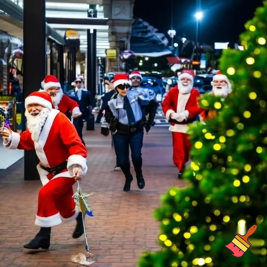 Santa Claus dancing shopping Centre walking Australian magic walking stick walking stick star running outside of the shopping centre on the Christmas tree  policeman are running the two naughty Santa Claus the two good Santa Claus and the naughty one
