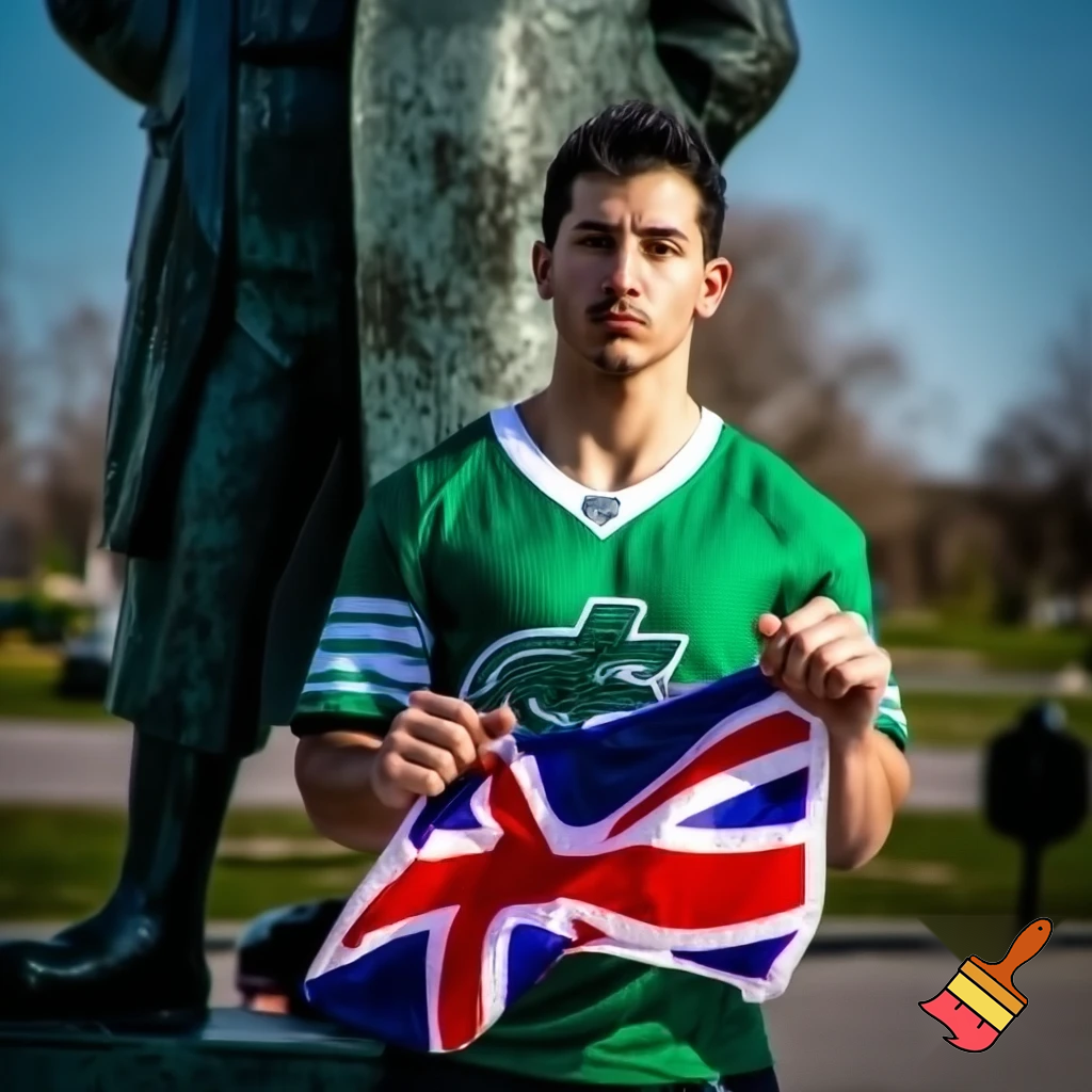 Young male, athletic build wearing Sask Roughrider jersey.  He's holding a union jack flag and standing in front of a statue of Winston Churchill.