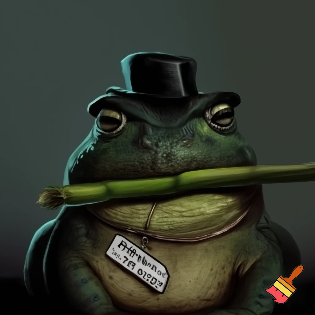 a toad with dark green skin and small little light green glands with a frown smoking sugercane plant with a short tophat in a mughshot  dont make the frog hold the sugercane put it in the toads mouth and make the toad hold a sign saying Cane Toad with the number 659098 and make sure to put in a mughshot