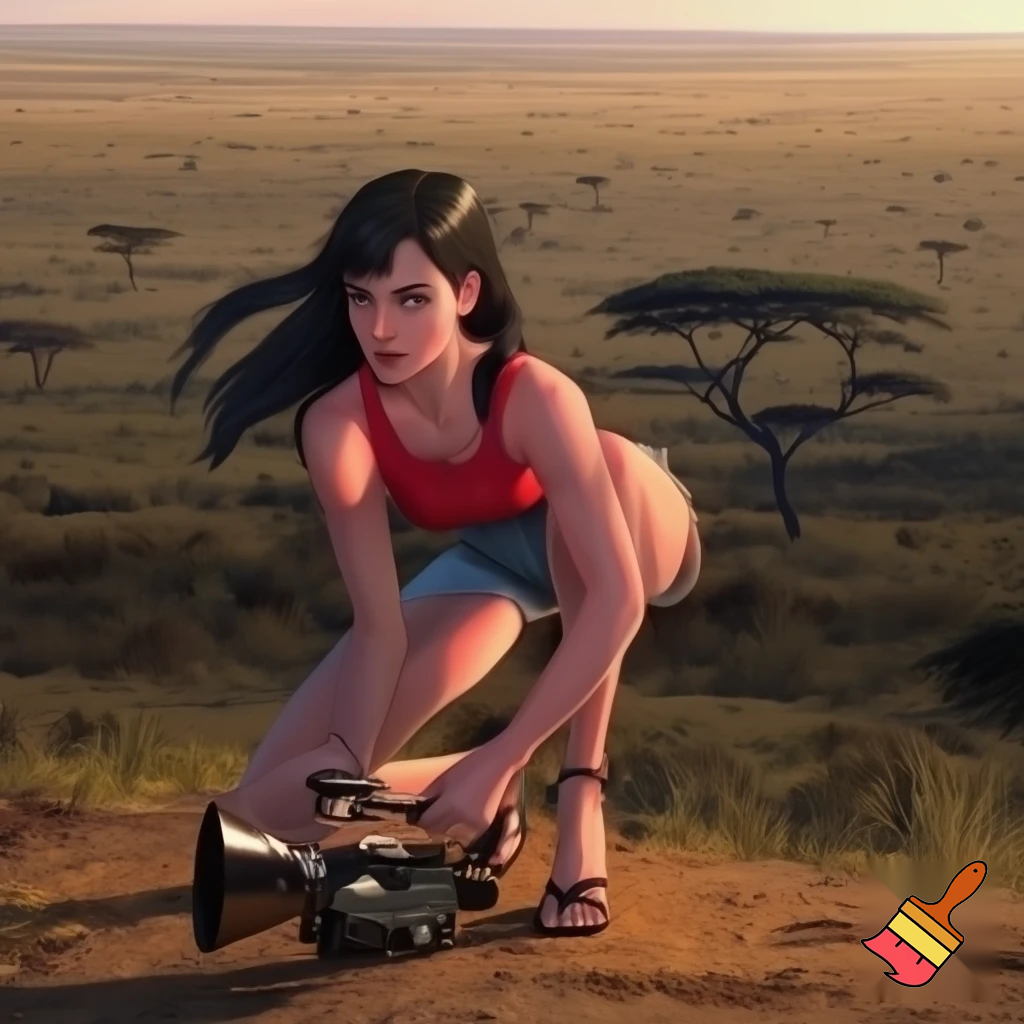 A cute and muscular black-long-and-side-swept-banged-haired fair white woman with arriflex digital camera and wearing red tank top and woman's blue short jeans and putting the sandals on her feet is filmming the plains of the Serengeti in Tanzania.