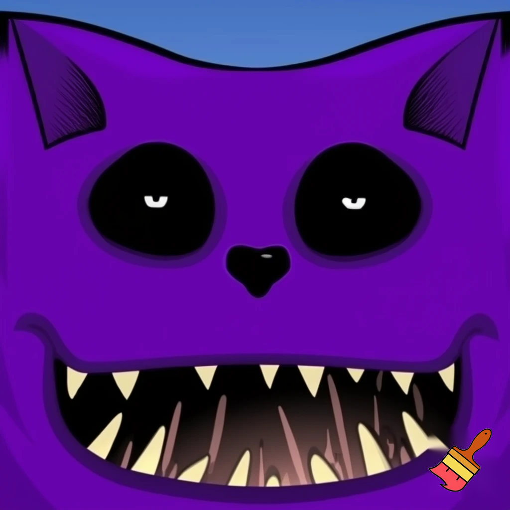 a big purple monster its ears ears like a cat it had black eyes except for its tiny pupils that were a piercing white it had a wicked smile for such a short creature it had thousands of skinny razor like teeth in its mouth under trampoline world