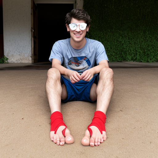 A barefoot young man