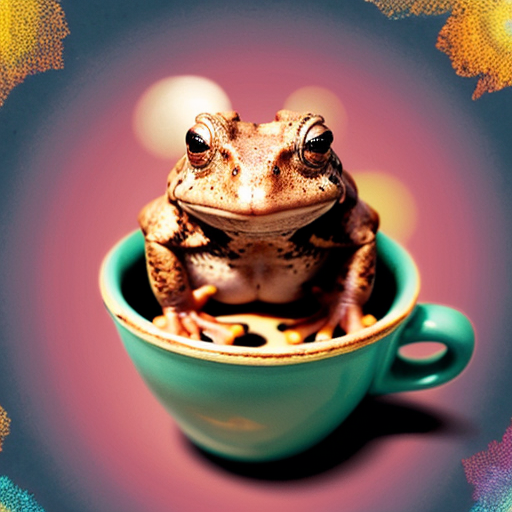 A hillarious, funny boho toad with some hippie colored coffee cups. Psychedelic decorated background, hyperrealistic. Close-up view.