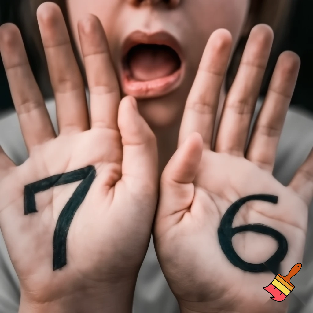 The number  6 7 on a person's hands while the person's mouth hangs open in a weird unlocked position. 