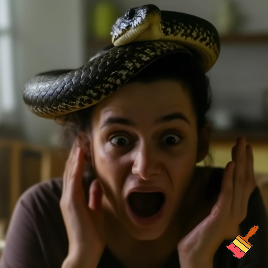 a woman was  asking  some one foods or drink but the snake is on her head the woman scramed