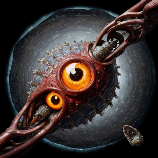 ​A highly detailed, photorealistic biomechanical alien spaceship floating in deep space. The ship is a grotesque, asymmetrical fusion of organic and mechanical parts. Its outer hull features weathered, pale greyish-green chitinous armor plating reminiscent of a giant insect shell, interspersed with exposed, glistening wet red muscles, veins, and gore. Intricate dark metallic cables, segmented robotic joints, and sharp metal spikes weave intricately through the raw flesh. The hull is studded with multiple large, glowing, translucent azure blue dome-like eyes. Near the upper right, a secondary cluster of smaller, glowing yellow and blue robotic eyes emerges from the bloody tissue. At the base is a circular, ribbed, toothy maw with dangling dark red, fleshy biomechanical tentacles and wires extending downward. The background is a breathtaking cosmic vista with vibrant purple and emerald green nebulas, stars, and floating rock debris. Cinematic lighting, hyper-detailed, 8k resolution, macro-photography details on the wet flesh and scratched metal, dark sci-fi, cosmic horror, HR Giger meets David Cronenberg, masterpiece