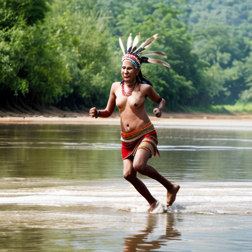 An Indian tribe woman running forward on the water