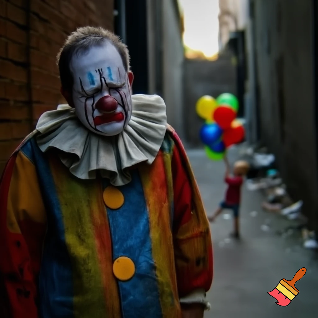 ):

A realistic full-body scene of a sad clown with detailed makeup and a colorful costume, standing quietly while a small child gently offers him a balloon animal. The atmosphere is emotional, tender, and heartwarming, with natural lighting, detailed fabric texture, and cinematic realism.