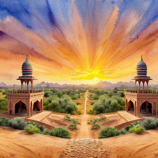 Ancient Rajasthan kingdom Vijaypur, grand palace on desert hills, golden sunset, royal flags waving, cinematic wide shot, ultra realistic, 4K historical Indian kingdom