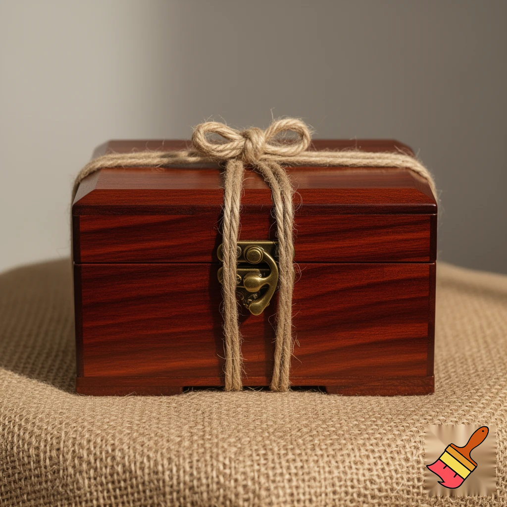 a wooden box, with clasp, tied with a string for extra security