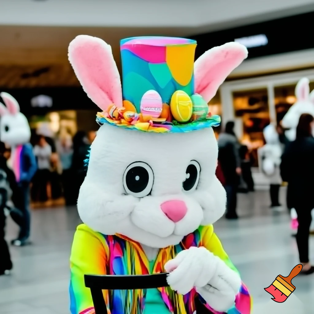 Easter bunny mascot costume top hat shopping Centre colourful jacket  colourful top hat Easter bunnies chair in the shopping centre