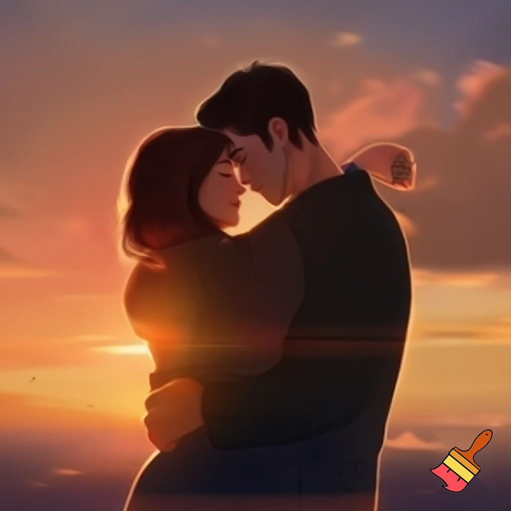 An image of a man with his wife on a sunset hugging themselves 
