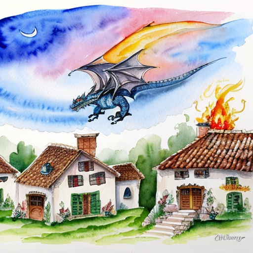 Draw me a mythological dragon flying through the sky above a village, breathing fire on the houses