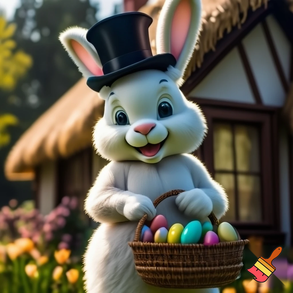 Easter bunny mascot top hat costume his house