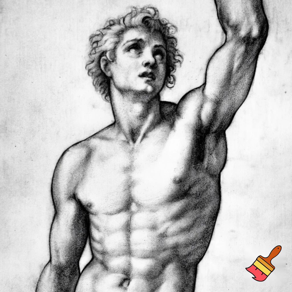 Black-and-white Renaissance-style sketch of a falling angel, body perfectly vertical and straight. Extremely muscular with well-defined abs, chest, and arms. Head tilted fully upward so the face is visible now: a soft, Renaissance “cutie” face — delicate features, gentle jaw, slightly parted lips. Large expressive eyes with a tiny reflective sparkle, conveying quiet betrayal and sorrow. Curly hair framing the face. One arm extended upward. Classical pencil shading, Michelangelo/Renaissance sketch style, dramatic but elegant.